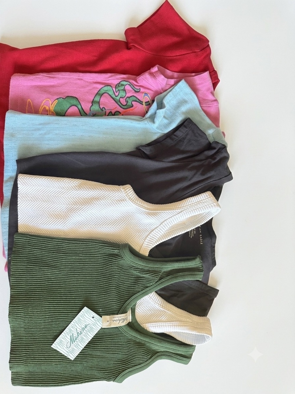 Assorted Ribbed Tank Tops and Tees in Green, White, Black, Blue, Pink, Red